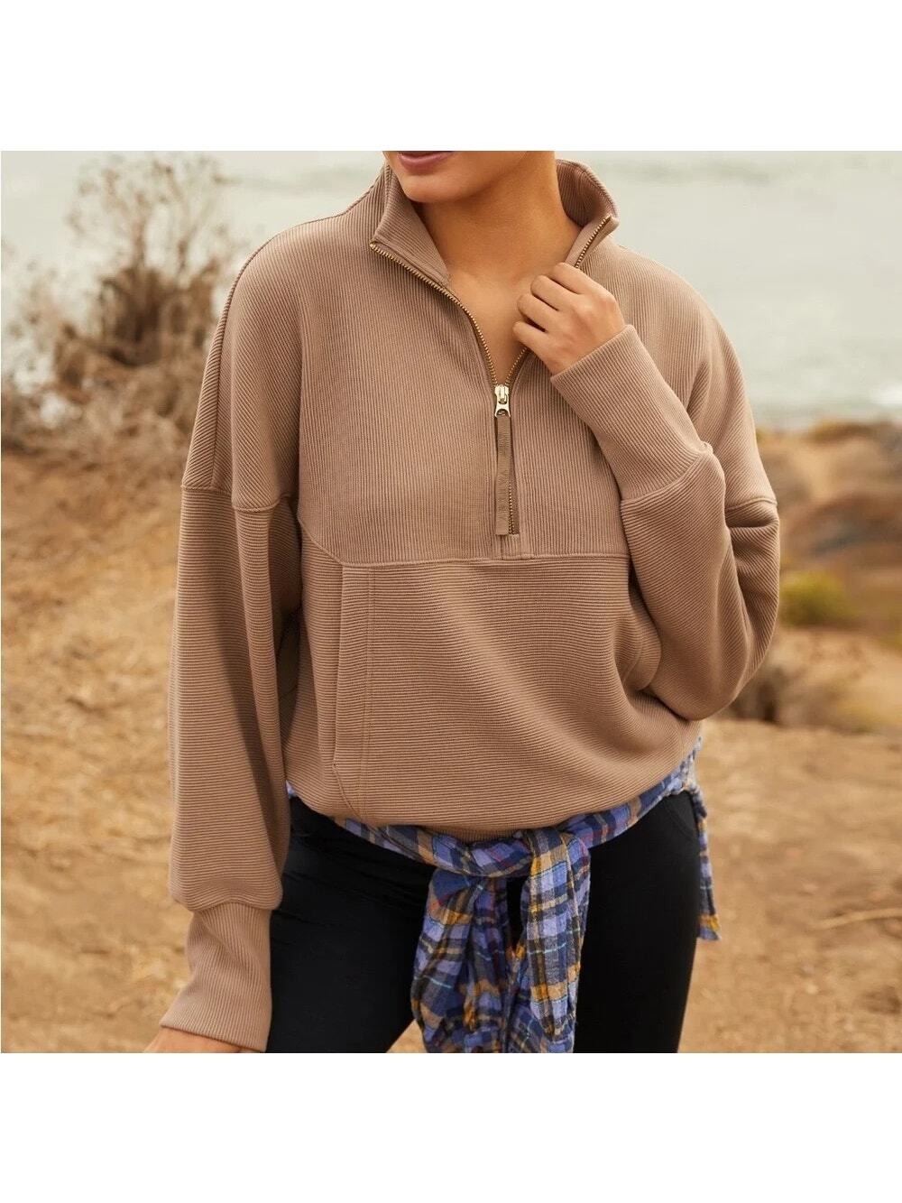 Varley Acadia 1/2 Zip Ottoman Ribbed Pullover Sweatshirt Brown Taupe XS